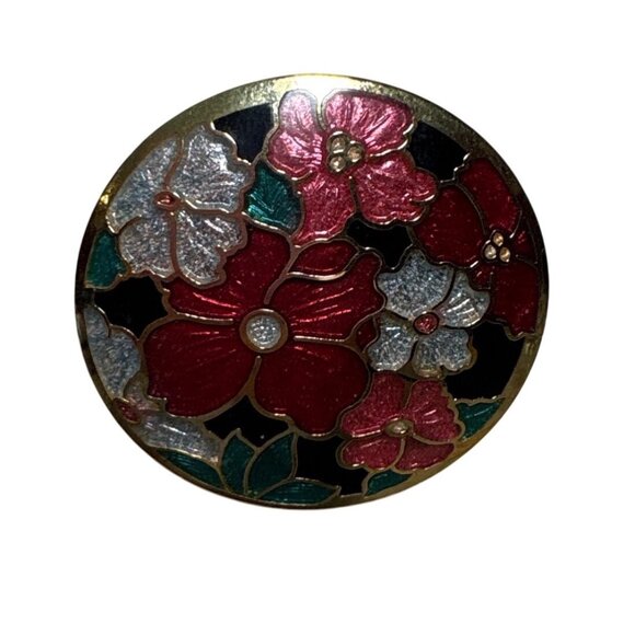 Celtic Sea Gems Gold Tone Enamel Floral Brooch Pin Red Silver Flowers 1.5" - Picture 3 of 8